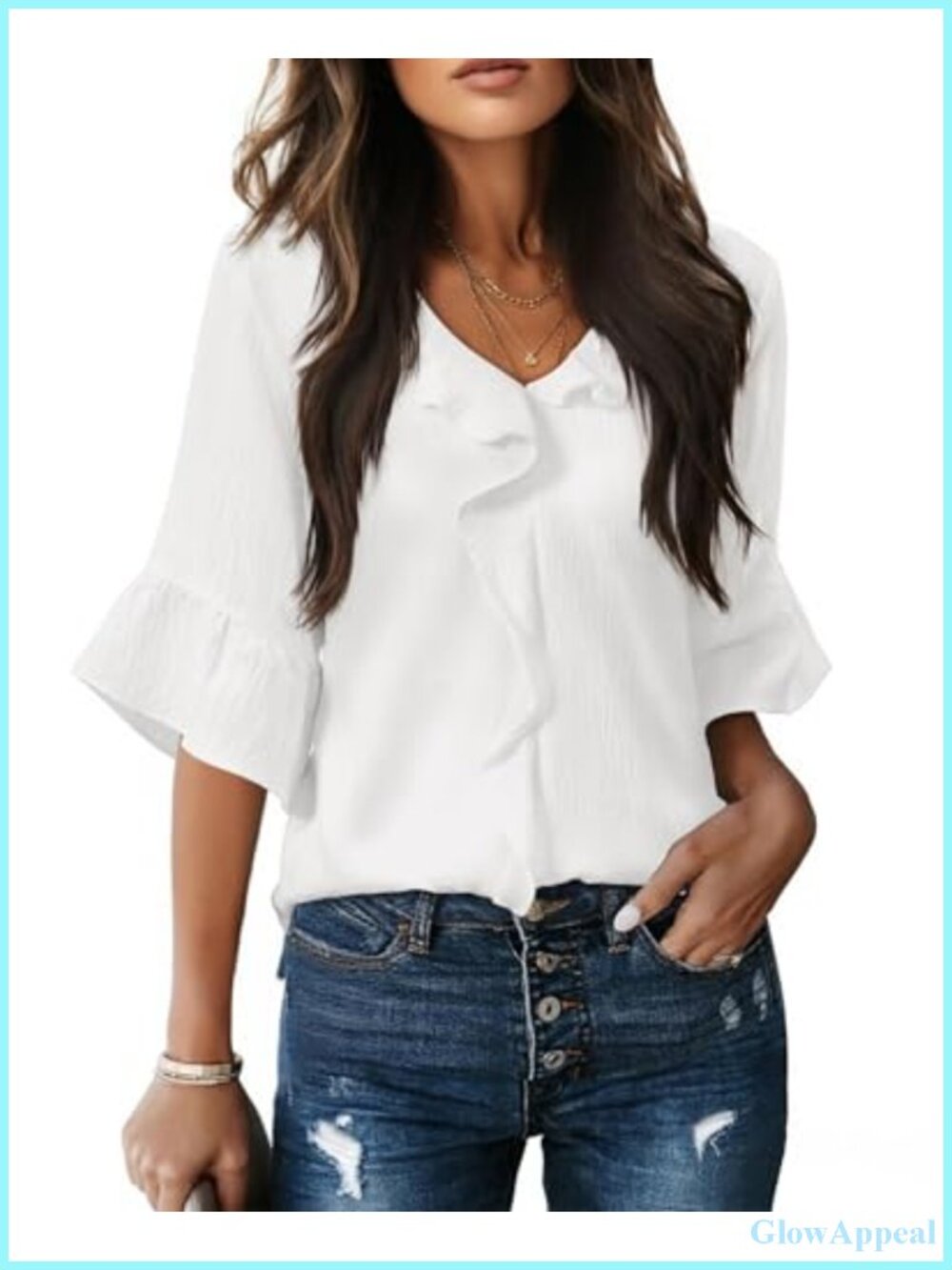 3/4 Sleeve Ruffle Bell Blouse V-Neck Business Casual Work Top